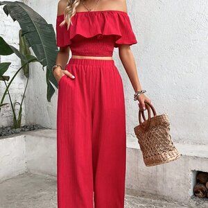 Red Boho Womens Off Shoulder Ruffle Trim Top & Wide Leg Pants